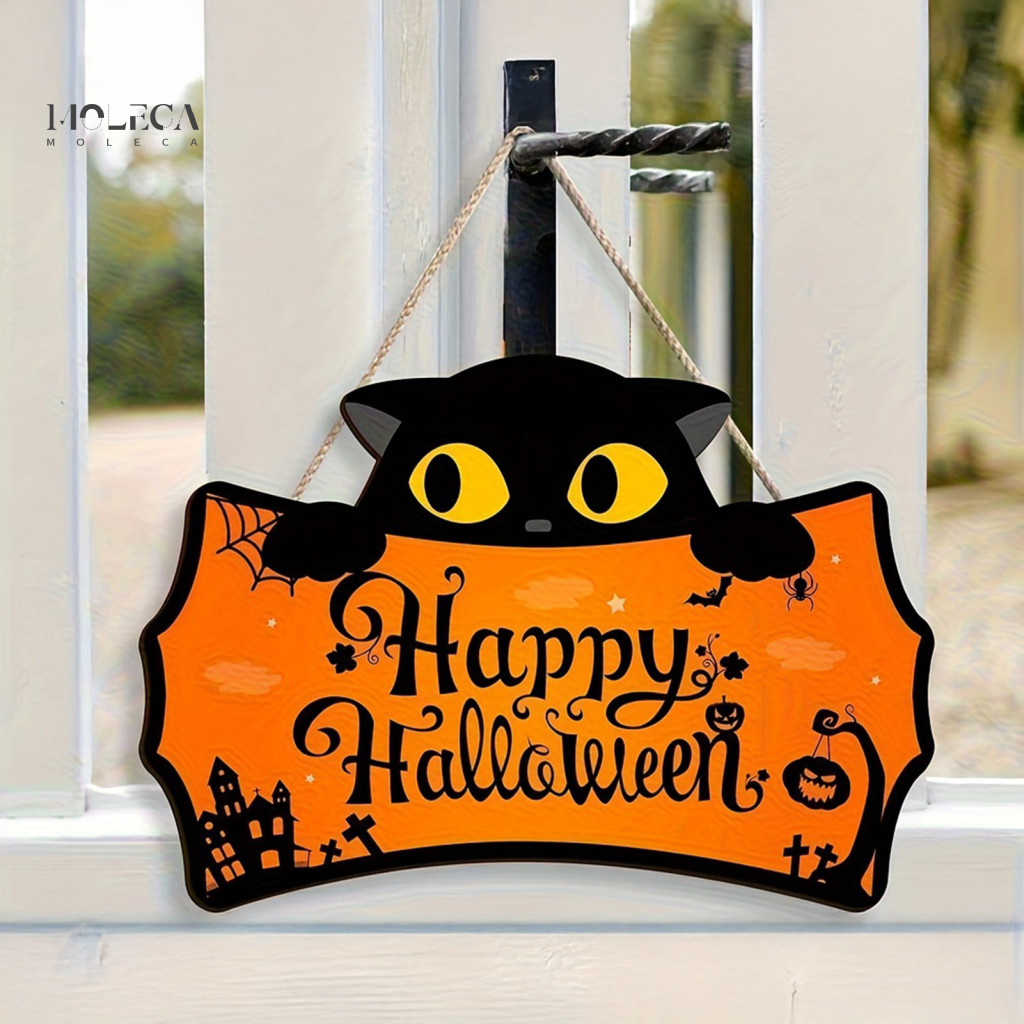 Halloween Hanging Ornaments Rustic Wood Door Hangers Wooden Plaque Waterproof Black Cat Pumpkin Castle Spider Web Front