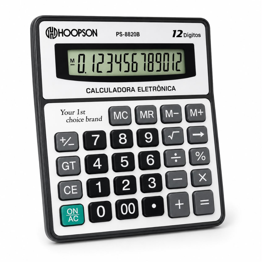 Calculadora Eletrônica Hoopson 12 Dígitos Grande Display Mesa Escritório Comércio Escola Função GT Backspace