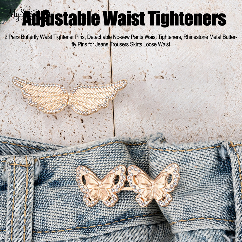 Men Waist Tightener 2 Pairs Butterfly Pins No-sew Detachable Rhinestone Metal Clips for Jeans Trousers Skirts – Adjust