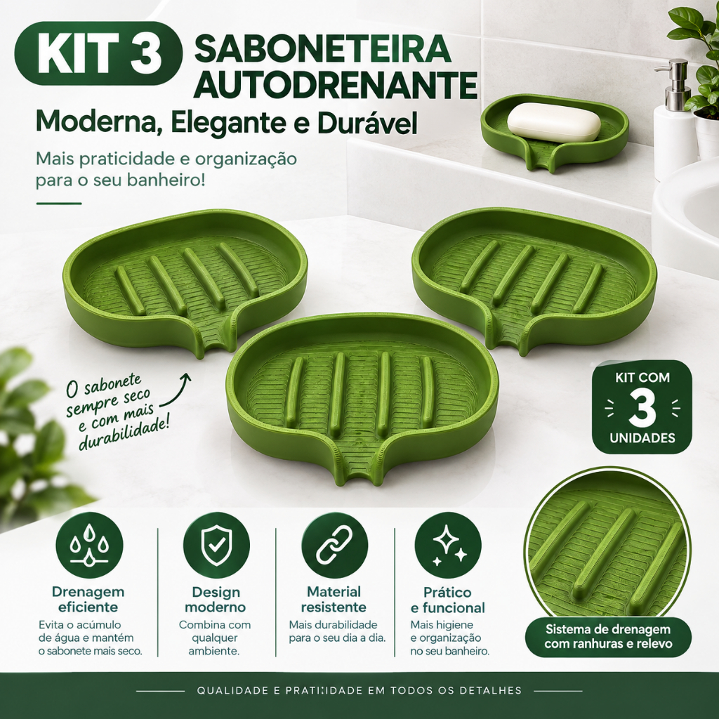 Kit 3 Peças Saboneteira Com Drenagem Moderna, Elegante e Durável Porta Sabonete Organizador p/ Banheiro e Cozinha