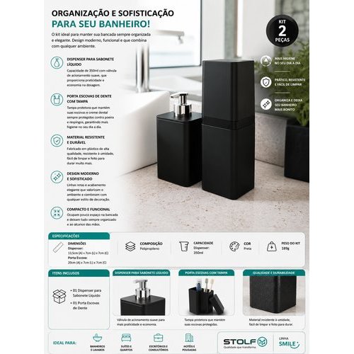 Kit Banheiro Organizador Porta Escova Dispenser Sabonete Preto Moderno Durável