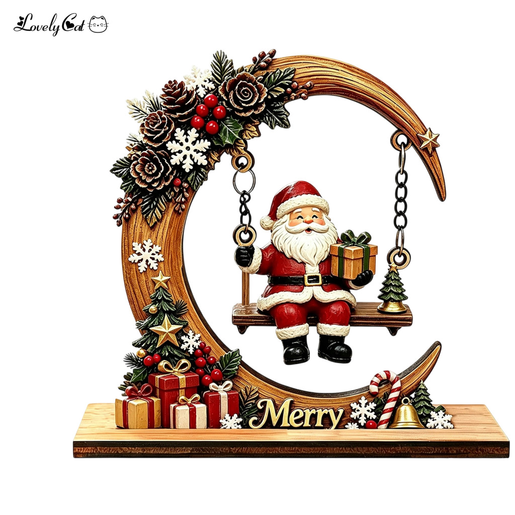 Moon Swing Figurine Handmade Wooden Santa Claus Ornaments Christmas Ornament with and Bear – Festive Tabletop for Home