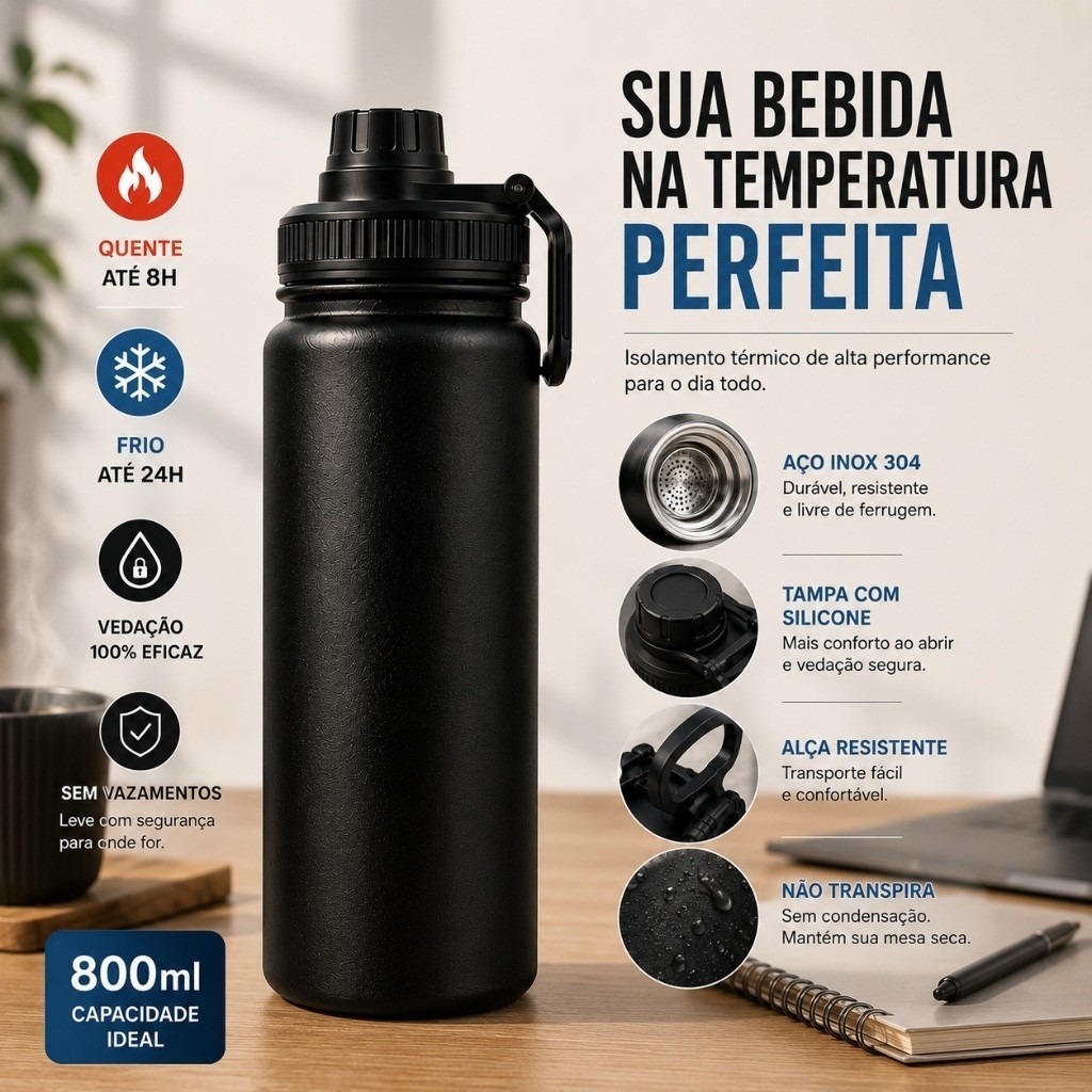 Portable 304 Thermal Bottle Stainless Steel Copa de termos Thermal CUP Travel Outdoors Cycling Sturdy Durable 800ML
