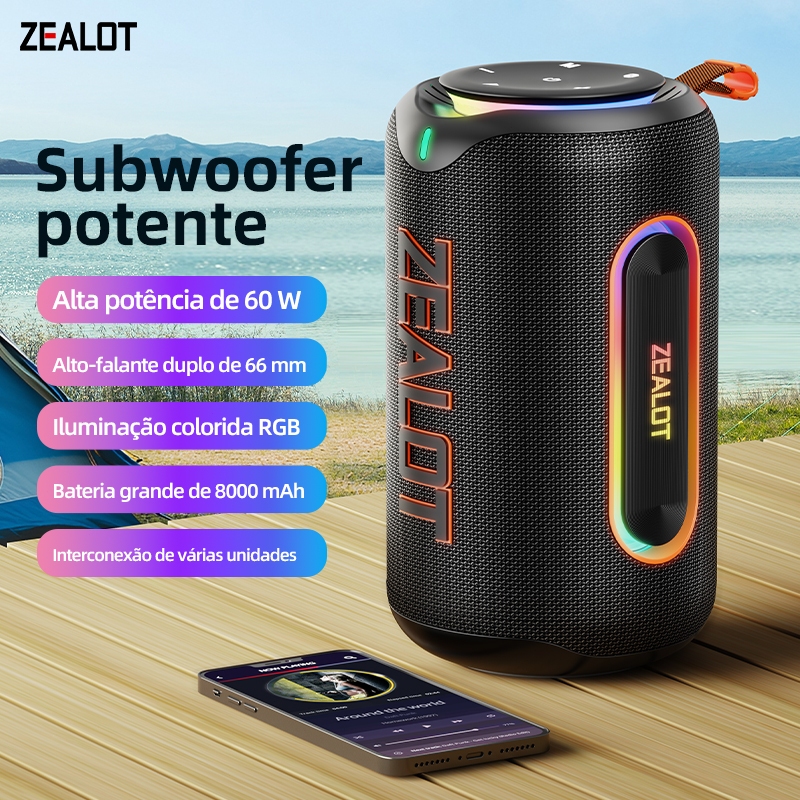 Caixa de Som Bluetooth ZEALOT MP1 60W TWS Portátil Outdoor | 8000mAh, IPX6, Som Potente, USB-C 3A, Alta Performance Prem
