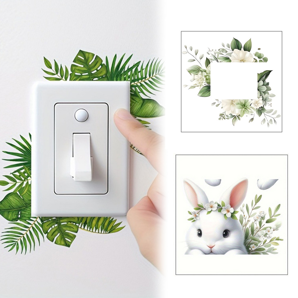 Resistant Wall Decal Removable Floral Leaf Bunny Light Switch Sticker Decorative Green Plant for Kids Girls Bedroom Room