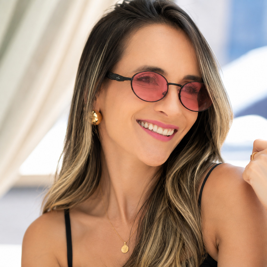 ÓCULOS DE SOL KELLY ROSA COM PRETO REDONDO RETRÔ UNISSEX JO RAM