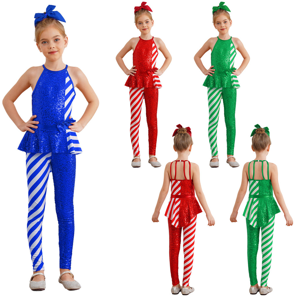 inhzoy Girls Christmas Costume Sleeveless Open Back High Waist Peplum Jumpsuit Stripes Sequins Candy Cane Costume