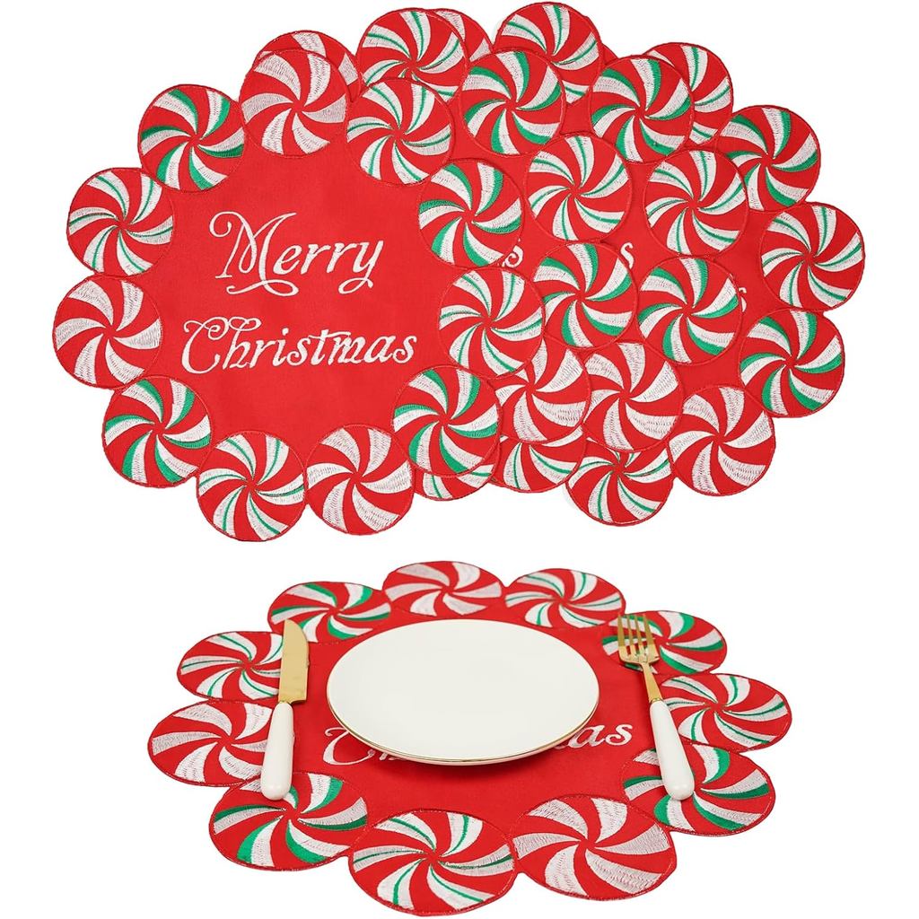Candy Cane Christmas Decorations Peppermint Placemats Set of 4, Seasonal Holiday Table Mats for Home Party Kitchen Dinin