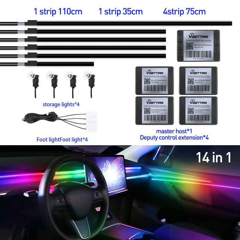 Cor Completa Streamer Luzes Ambientais Do Carro RGB 64 Cores Universal LED Interior Escondido Tira Acrílica Sinfonia Atm