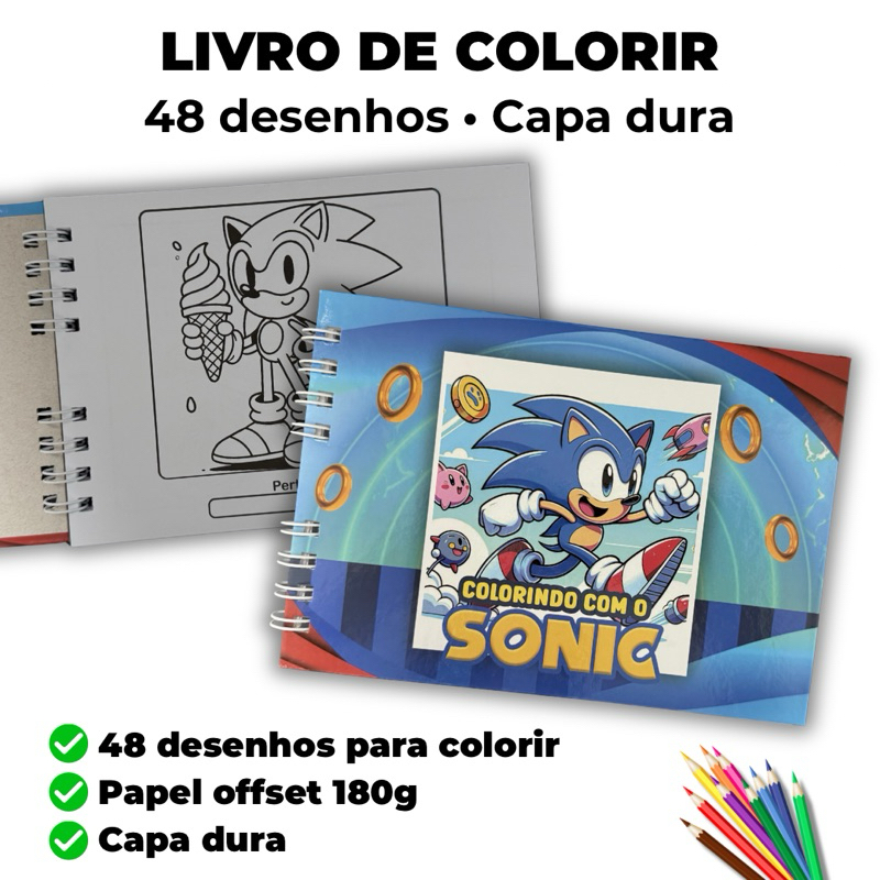 Livro de Colorir | Sonic | 48 desenhos | Folhas Grossas | Folha Protetora | Atacado e Varejo