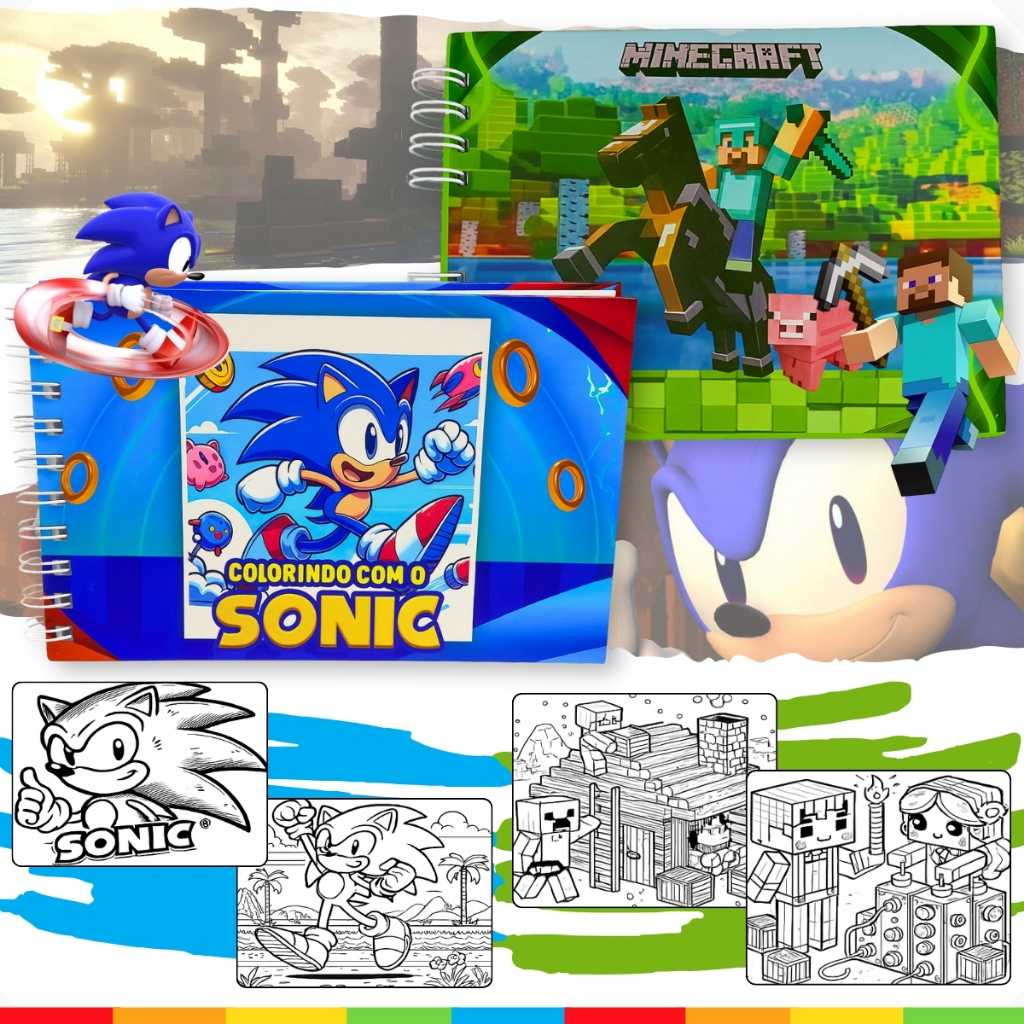 Caderno De Colorir Menino Minecraft/Sonic Pintar Desenho Infantil