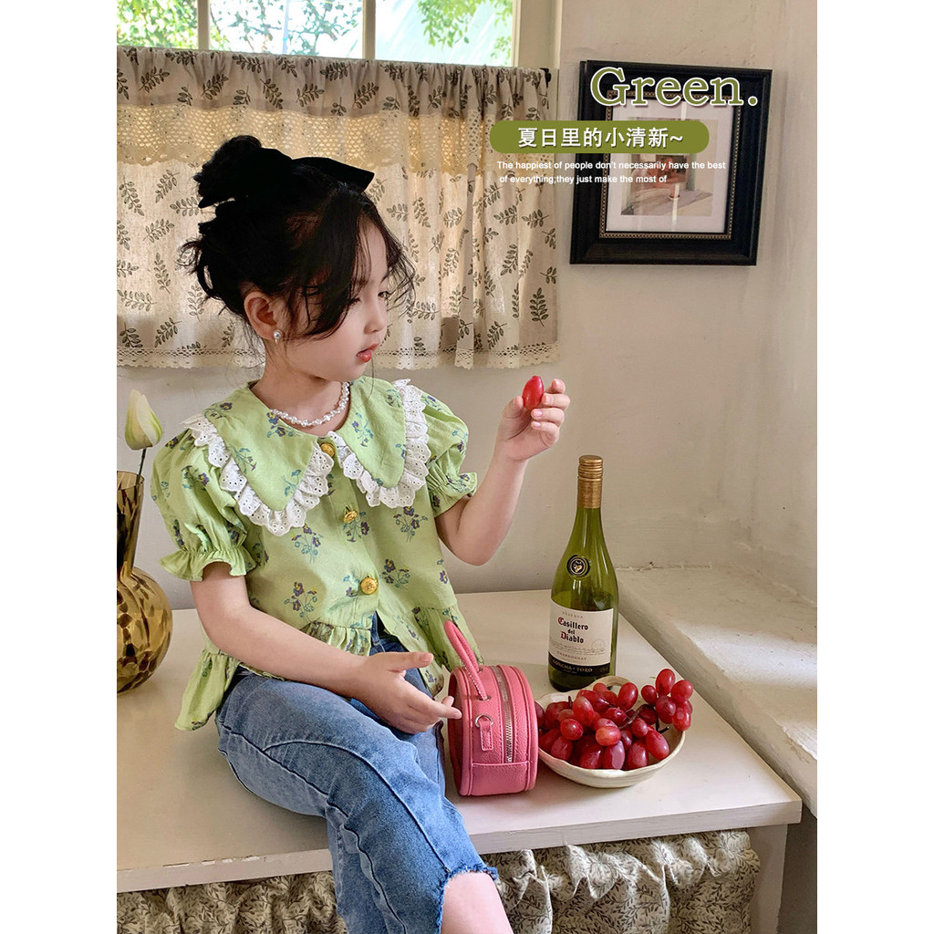 Mini Dan meninas camisa do bebê verão novo estilo pequeno fresco crianças camisa Floral grande lapela moda topo