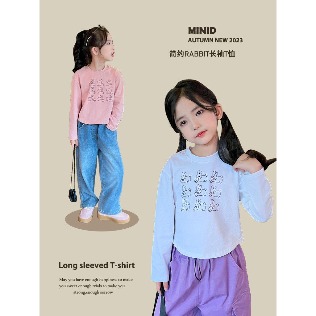Mini Dan meninas camiseta de manga comprida primavera novo estilo estilo coreano moda camisa de fundo médio grande crian