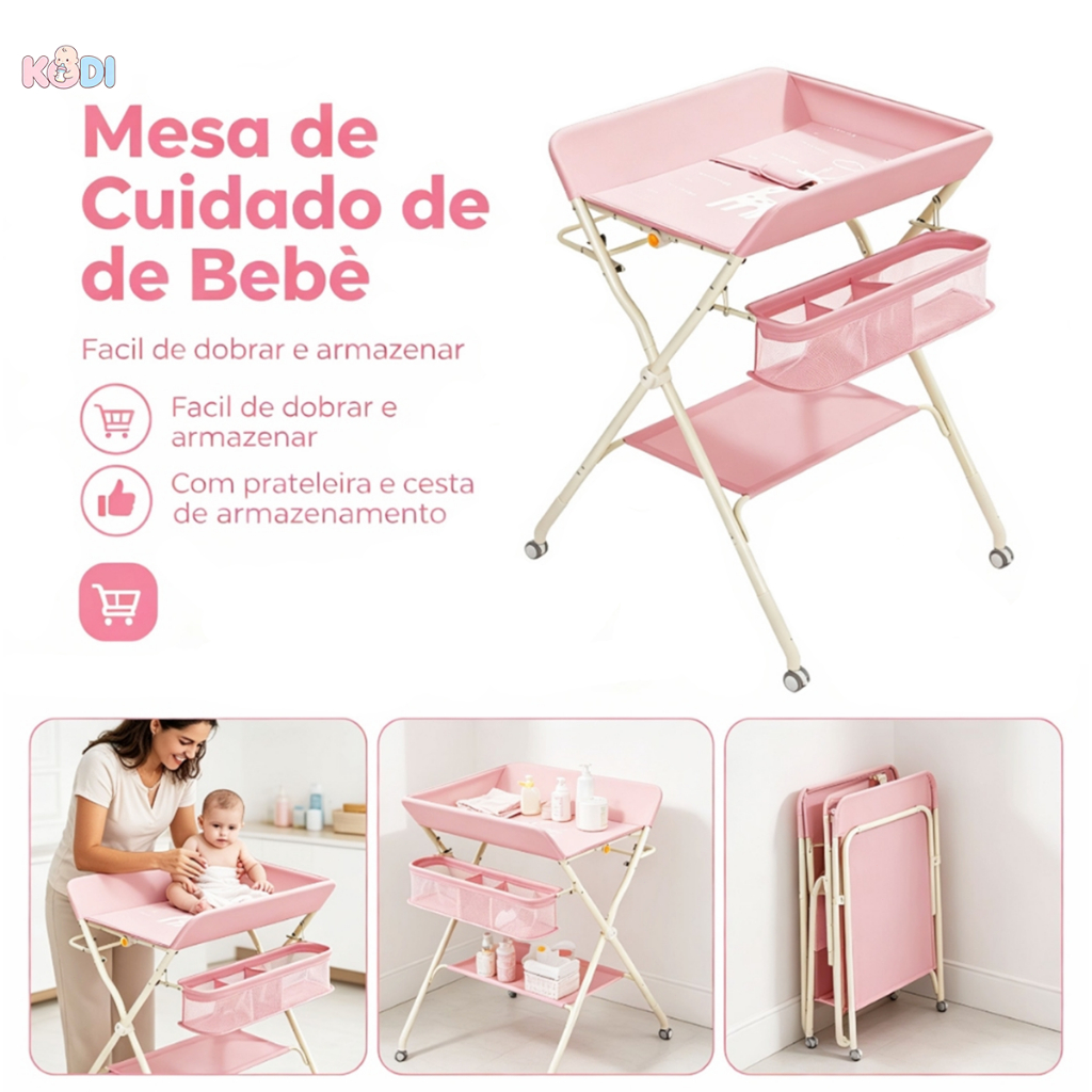 Mesa Trocador de Bebê Dobrável com Rodinhas , Ideal para Banho e Troca de Fraldas -P17