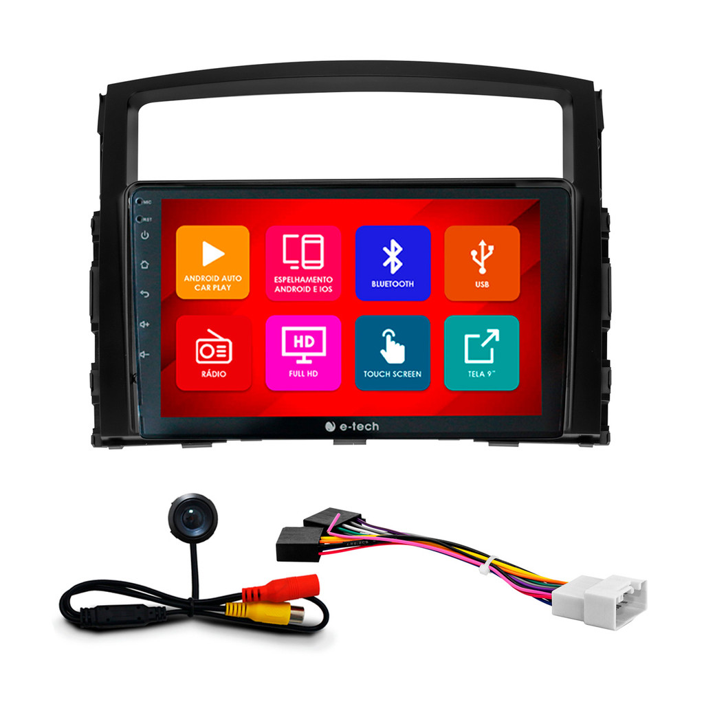 Kit Multimídia 9 Pol Pajero Full 2010 2011 2012 13 14 2015 2016 2017 Android Auto CarPlay Qa+ 2 Din Preto Espelhamento