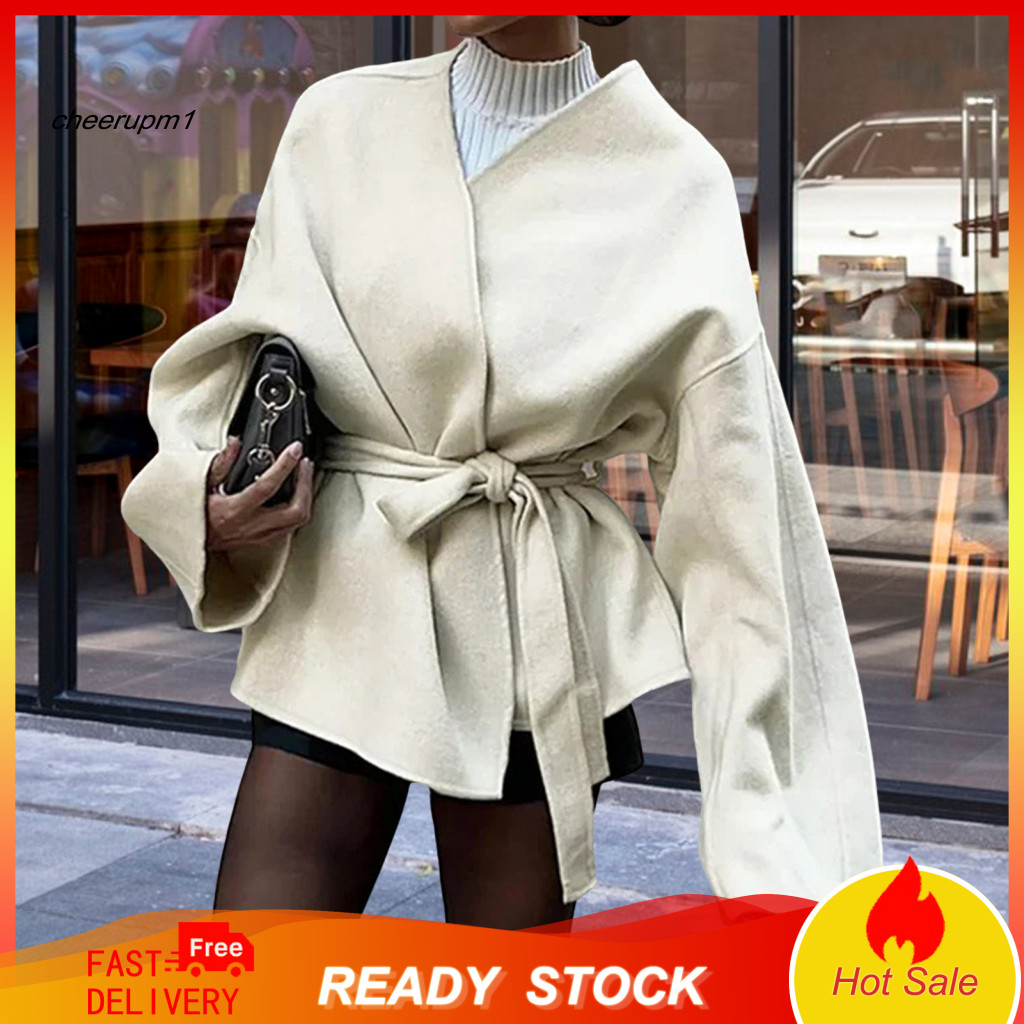 Elegant Women Outerwear Polyester Coat Women’s Wool Blend Thick Warm Short Trench with Belt – Loose Fit Open Front f