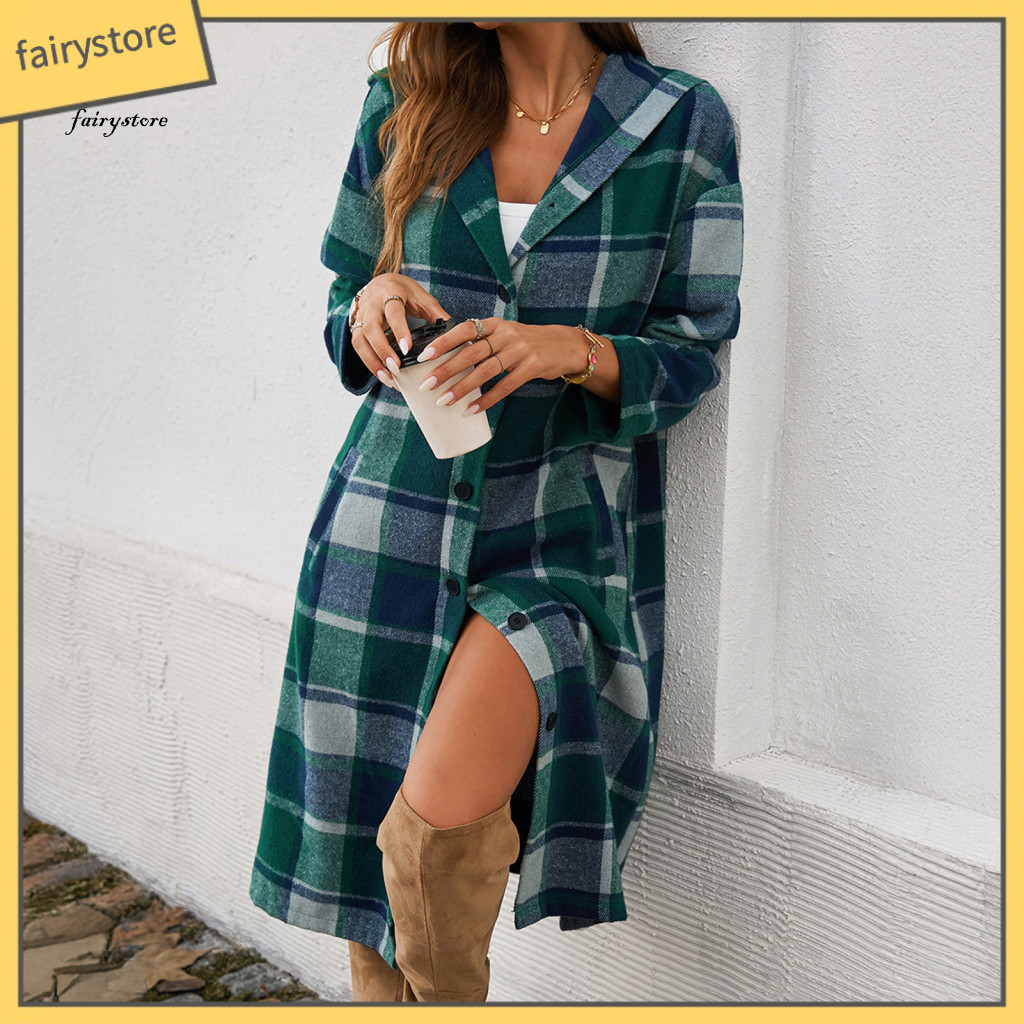Wool Trench Coat Plaid Women’s Spring Fall Hooded Loose Mid-length Long Sleeve Jacket with Pockets Single-breasted Con