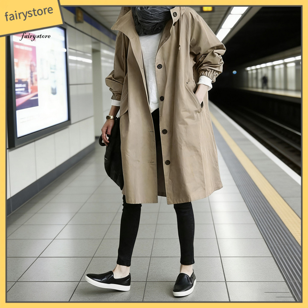 Cotton Windbreaker Jacket Women Women’s Long Sleeve Trench Coat with Hoodie Oversized Loose Fit Fall Outerwear – for