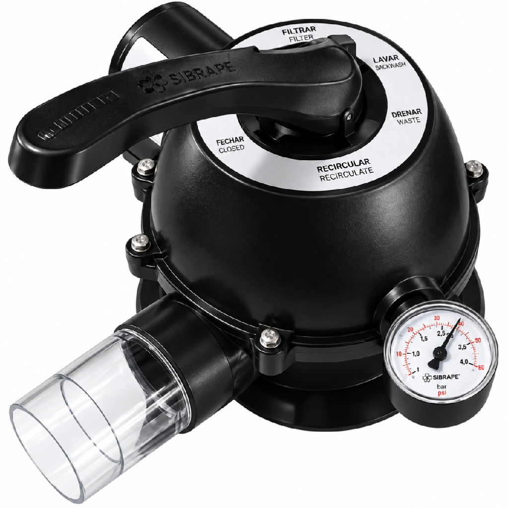 Valvula Seletora 6 Vias Universal 6 Furos Para Filtro De Piscina Com Manometro Sibrape