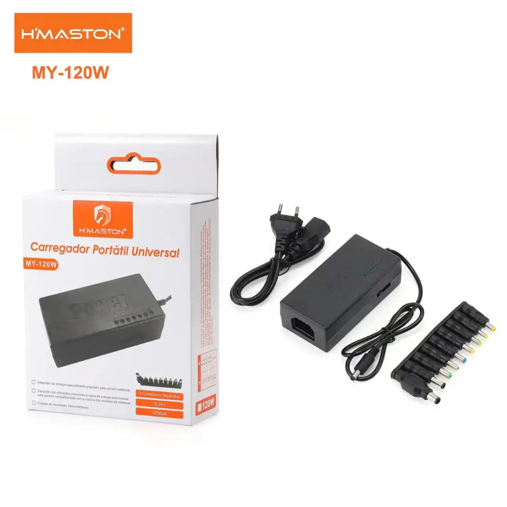 Carregador Universal para Notebook H'maston MY-120W com Seletor de Voltagem e 8 Plugues