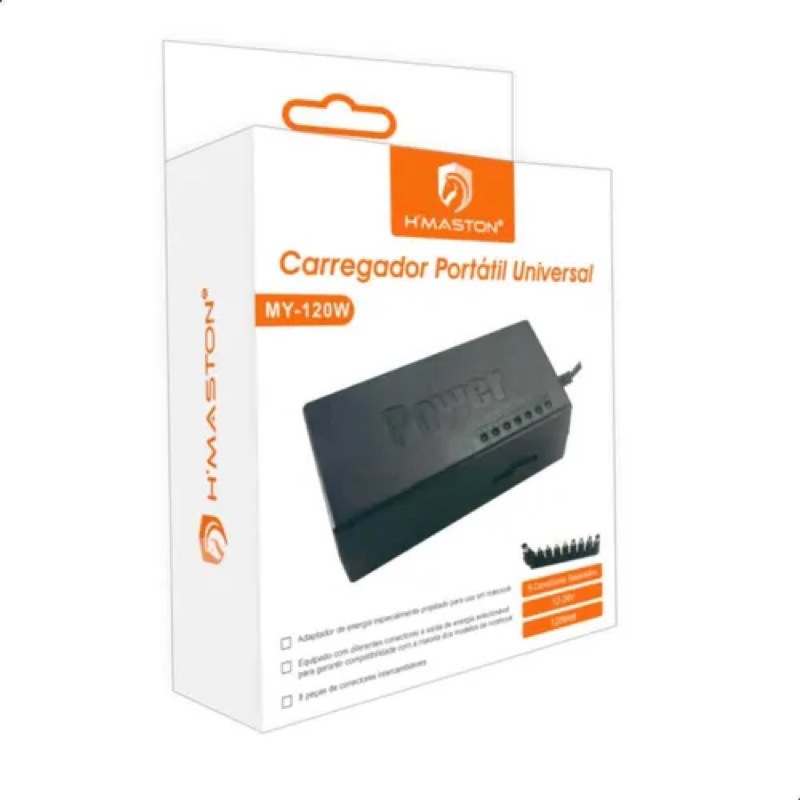 Fonte Carregador Universal Notebook 120W H'Maston MY-120W com 9 Pinos Seletor de Voltagem Bivolt
