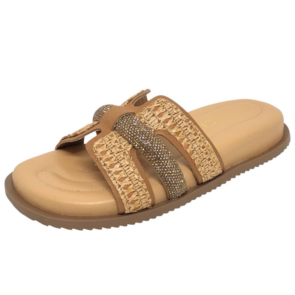 Chinelo Feminino Tiras Palha Strass Moderno Conforto Cacci