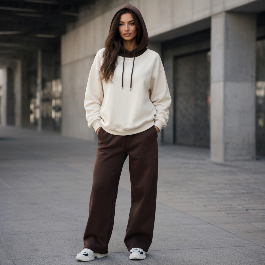 Conjunto Moletom Oversized Com Capuz Bicolor E Calça Wide Leg Streetwear Estilosa Y2K