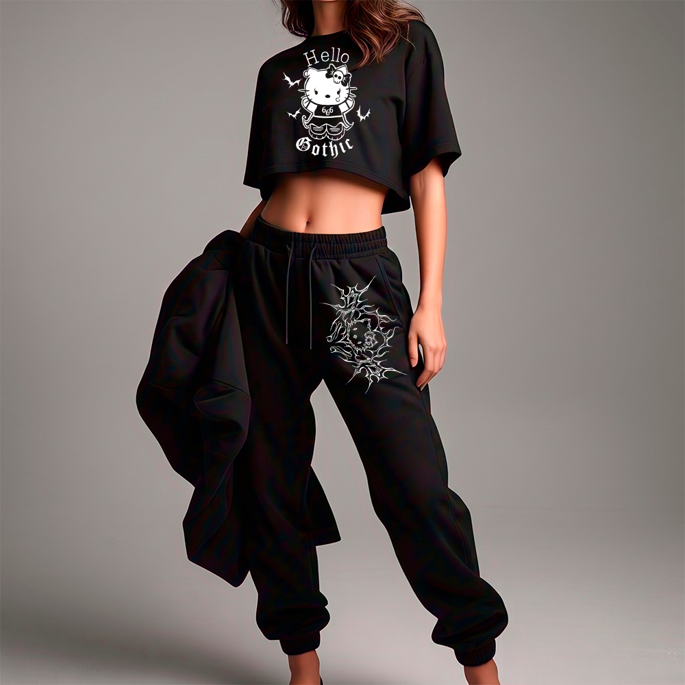 Kit Conjunto Cropped e Calça Jogger Moletom Confortável Estilosa Hello Kitty Dark Rock Gotico Y2K