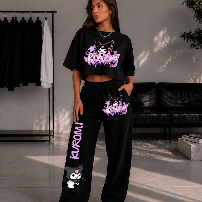 Kit Cropped e Calça Wide Leg Moletom Estiloso Kuromi Dark Hello Kit Friends Cartoon Cute Gotico Punk Streetwear Teen Y2K