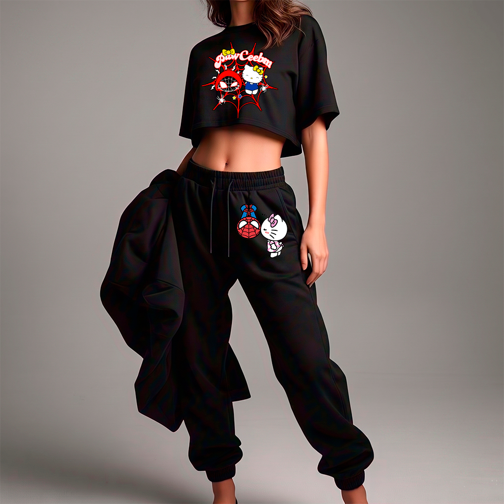 Kit Conjunto Cropped e Calça Jogger Moletom Inverno Estilosa Hello Spider Kitty Gotico Desenho Y2K