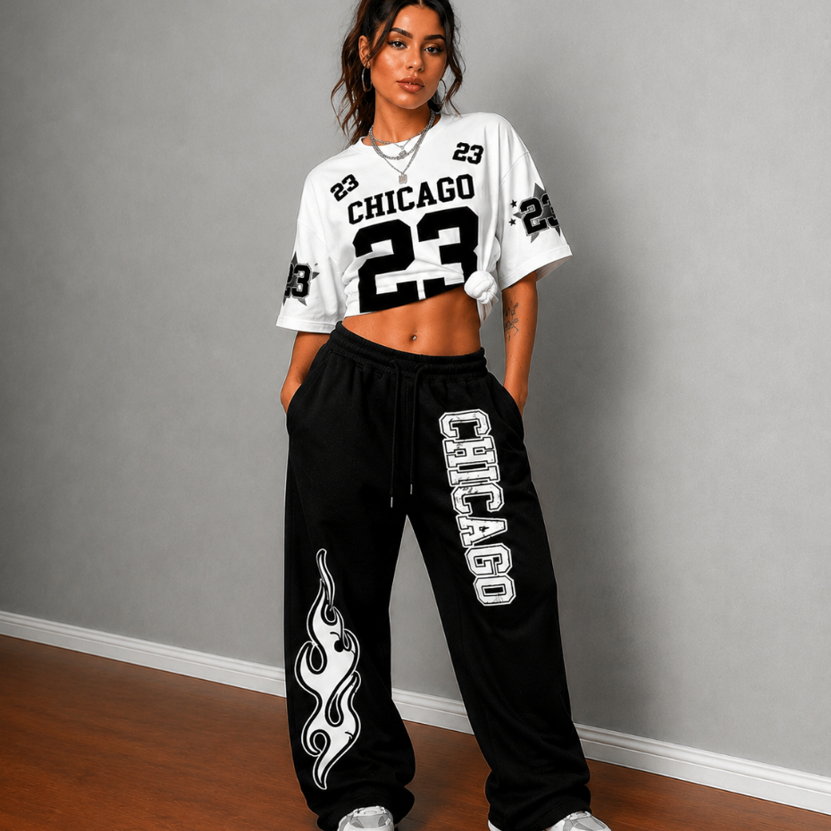 Conjunto Feminino Camiseta Basica E Calça Wide Leg Moletom Moda College Streetwear Chicago City Team Americana Y2K
