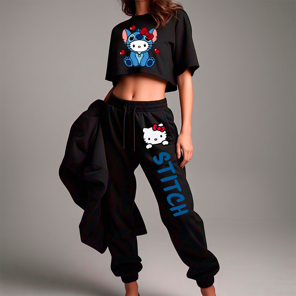 Kit Conjunto Cropped e Calça Moletom Jogger Confortável Estilosa Hello Stitch Kitty Y2K Desenho