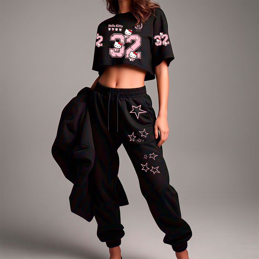 Kit Conjunto Cropped e Calça Moletom Jogger Confortável Estilosa Hello Kitty College Esportiva Y2K