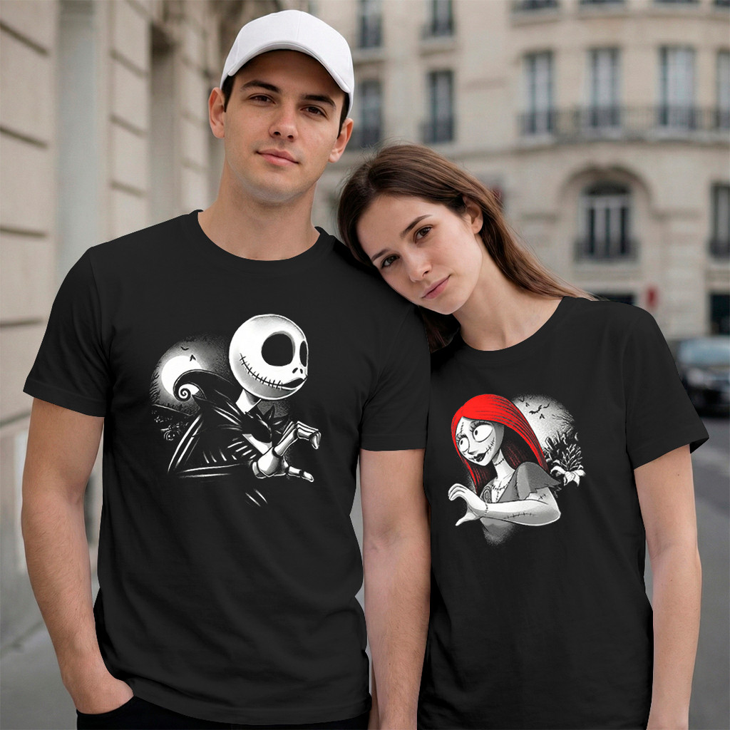 Kit Casal Camisetas Jack Skellington Sally Barrel Camisa Algodão Estampa Premium Unissex DTF