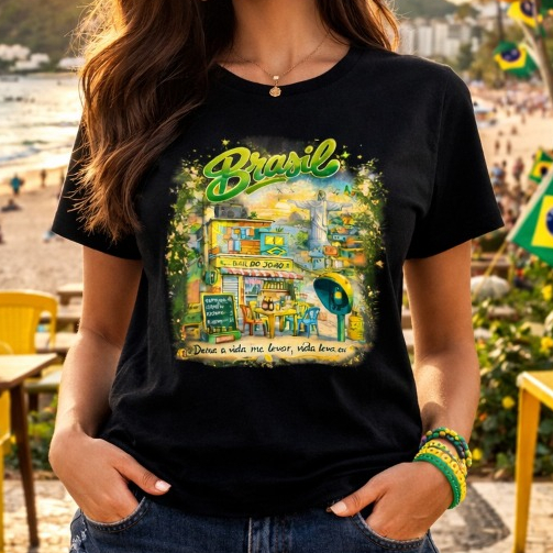 Camiseta Brasil Deixa a Vida Me Levar Essência Carioca Copa do Mundo– Adulto e Infantil