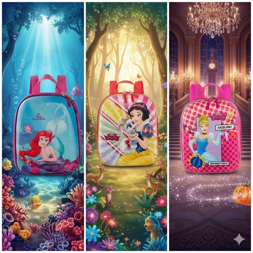 Mochila Escolar Infantil Princesas Disney Personagens Bolsa Bagagem Levar Roupa Caderno Criança Menina Passeio Viagem