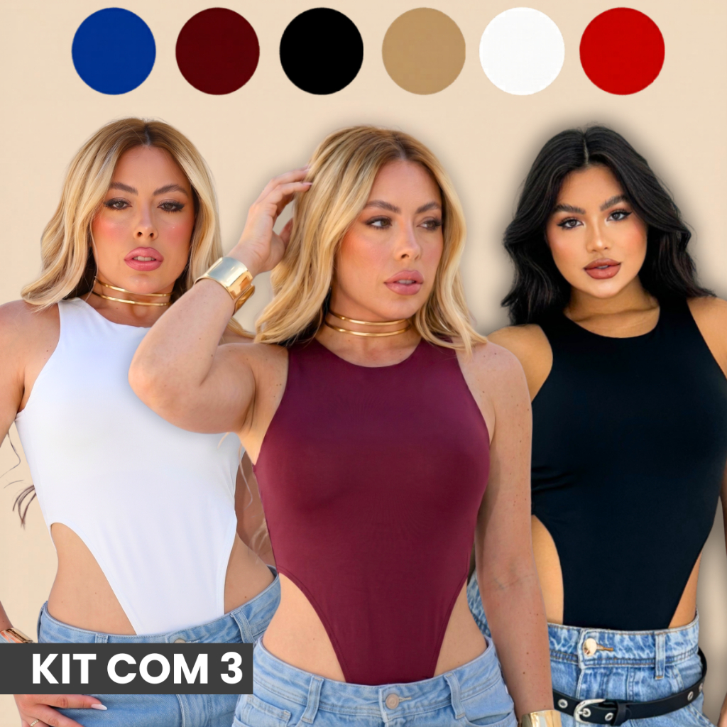 Kit 3 Body Collant Cavado Feminino Regata Bory Cavadão Nas Laterais Bodi Moda Verão Suplex Bori Estilo Gringa Balada