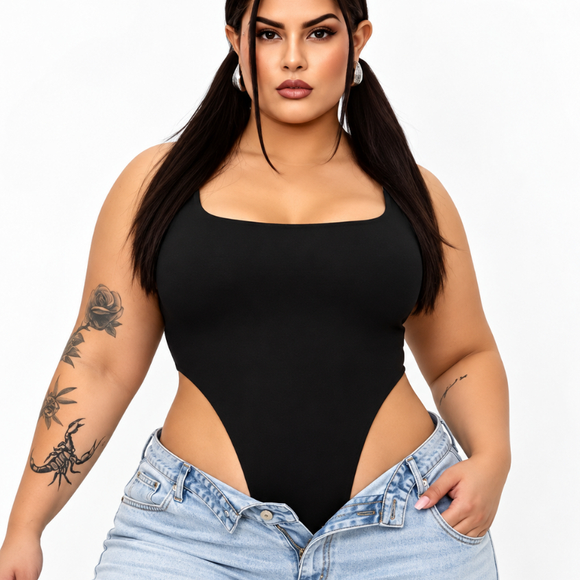 Body Feminino Plus Size Cavado Suplex Recorte Lateral Asa Delta GG XG EXG Preto Balada Noite Festa