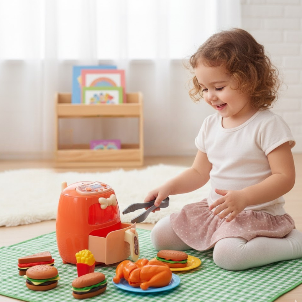 Kit Mini Air Fryer Infantil Luz Led Brinquedo Cozinha Acessorios Simulacao