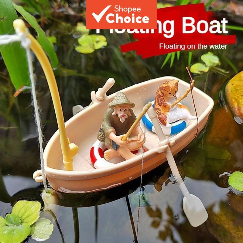 Conjunto Miniatura de Barco de Simulação - Bóias, Barco de Pesca e Gato, Enfeite Flutuante para Aquário