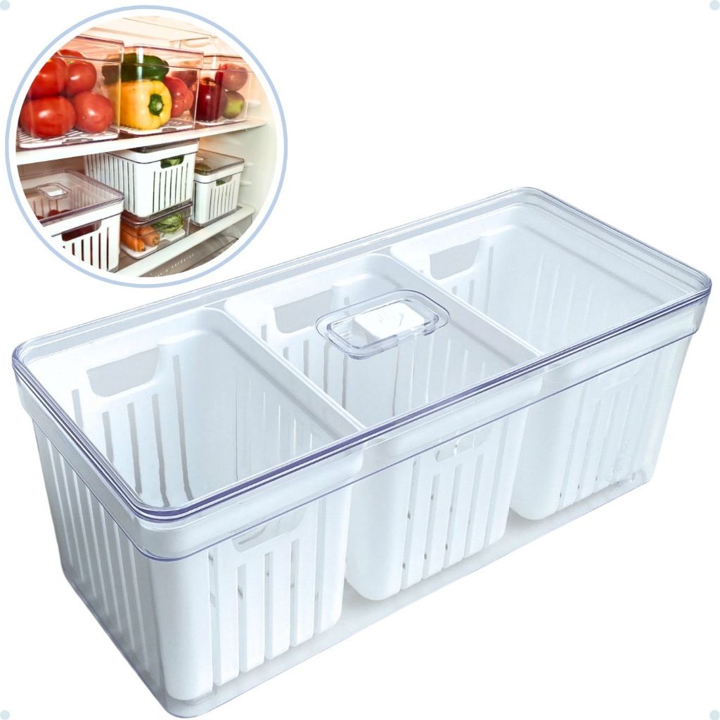 Organizador de Geladeira Grande com 3 Cestos de Drenagem e Tampa com Controle de Ventilação - 6,8 LITROS.