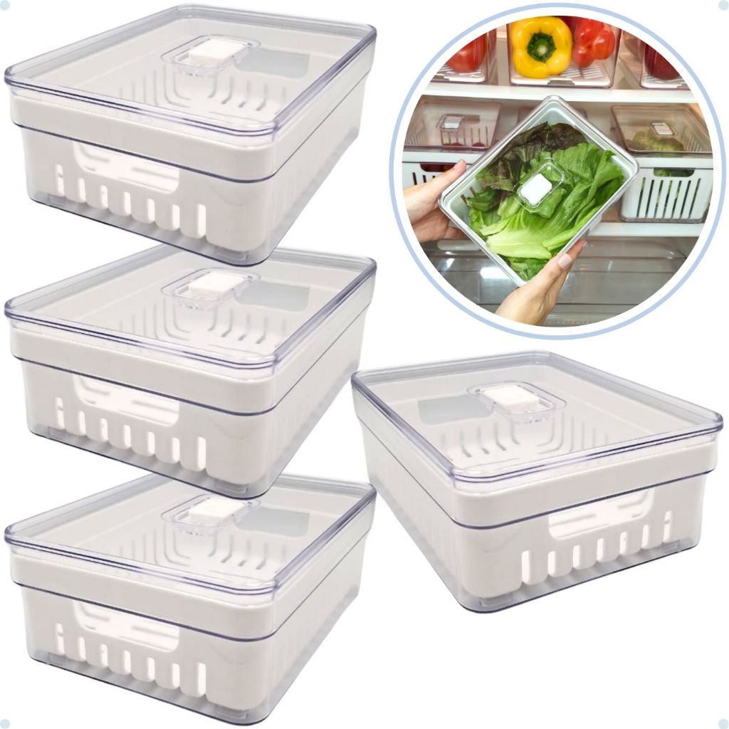 Kit com 1,2 e  4 Organizadores de Geladeira com Cesto e Tampa com Controle de Ventilação - 2 LITROS.
