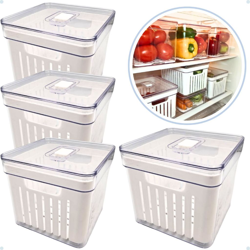 Kit 4 Organizadores de Geladeira Clear 2,8 LTS com Cesto e Tampa Acrílico