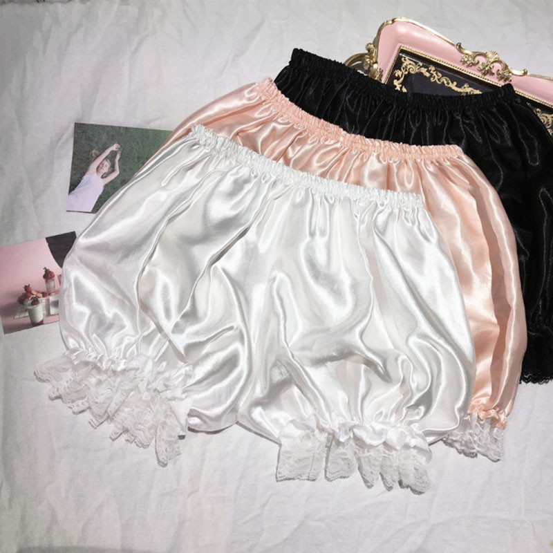 【Fast Delivery】Calça Curta Abóbora Borda Renda Seda Imitação Cores Sólidas Estilo Vitóriano Feminino