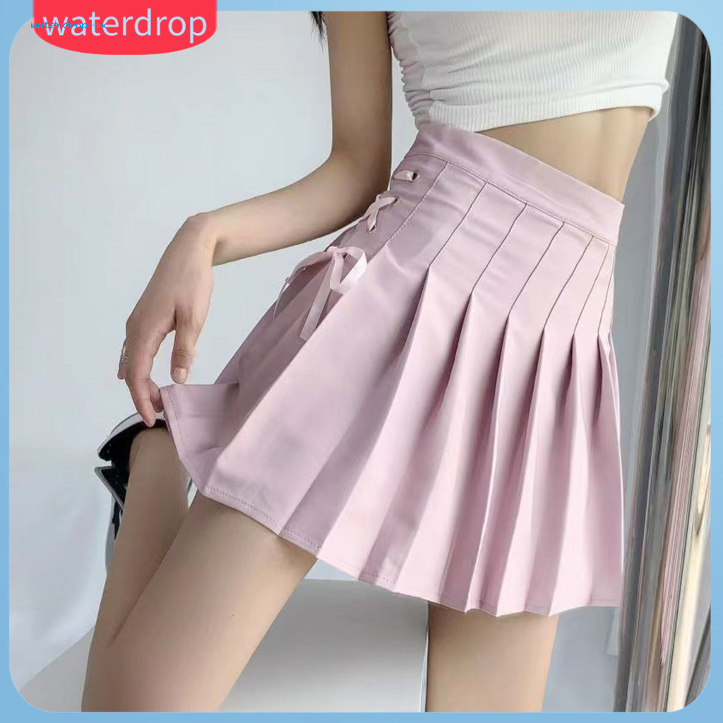 Women’s High Waist Mini Skirt with Side Lace-up Pleated A-line Solid Color Lined Bottoming Shorts Trendy Streetwear fo