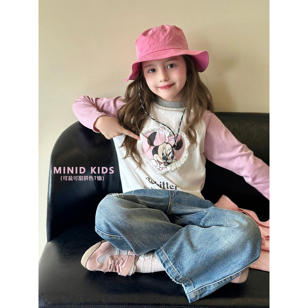 Mini Dan Roupas Infantis Meninas Camiseta de Manga Comprida 2026 Verão Novo Estilo Médio Grande Crianças Desenhos Animad