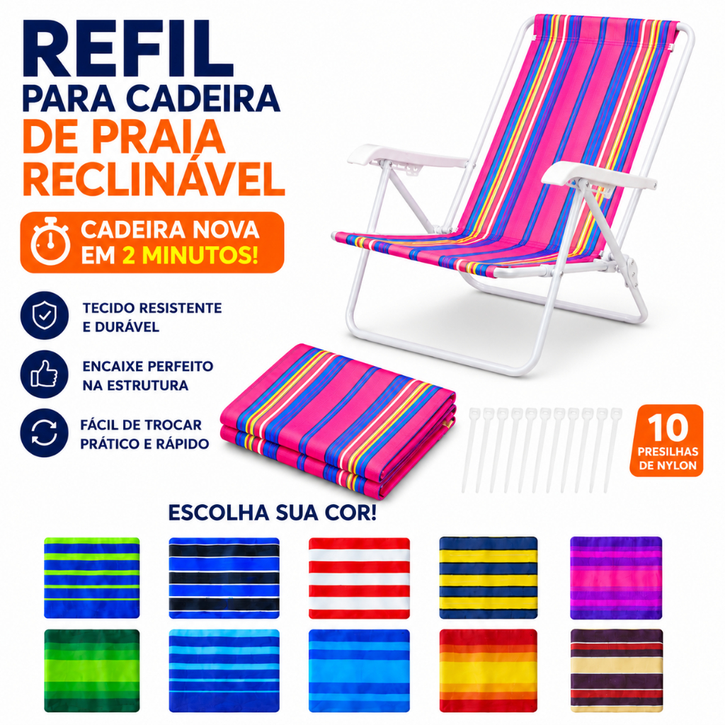 Kit Tela Refil Tecido de Reposição para Cadeira de Praia Reclinável Alta ou Deitar Regulável 2 em 1
