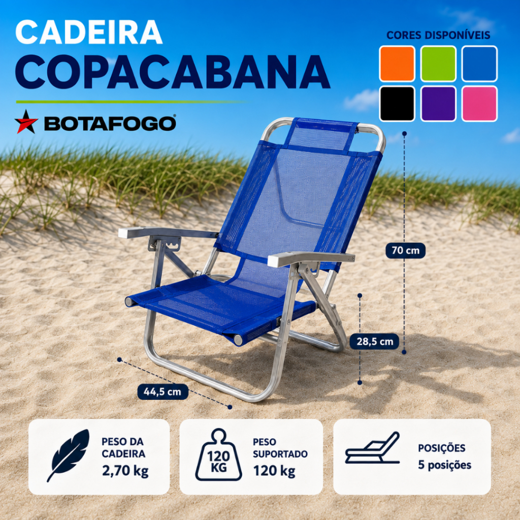 Cadeira de Praia Copacabana Ipanema Varanda Alta Extra Larga Reclinavel Botafogo Resistente Alumínio Cores Diversas