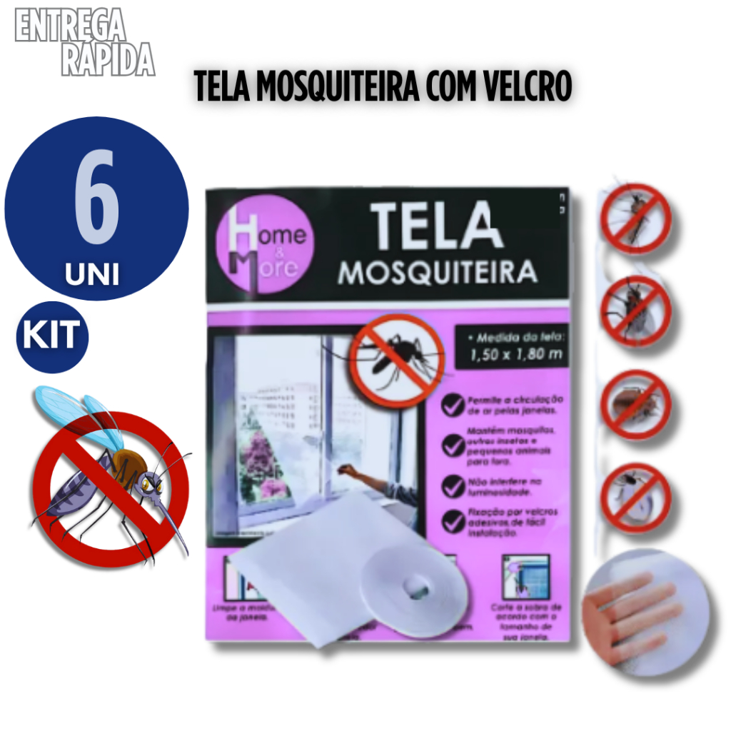 KIT 6 O A KIKA UTILIDADES  Tela Mosquiteiro Anti-Inseto com Velcro Colante 1,50m x 1,80m – Proteção para Janelas