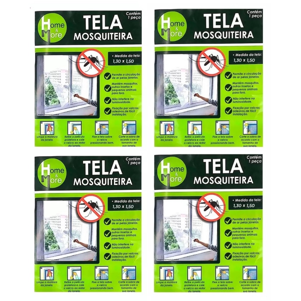 Kit com 04 Telas Mosquiteiras Janela Anti-inseto Mosquito 130x150 Fácil Instalação Fita Adesiva